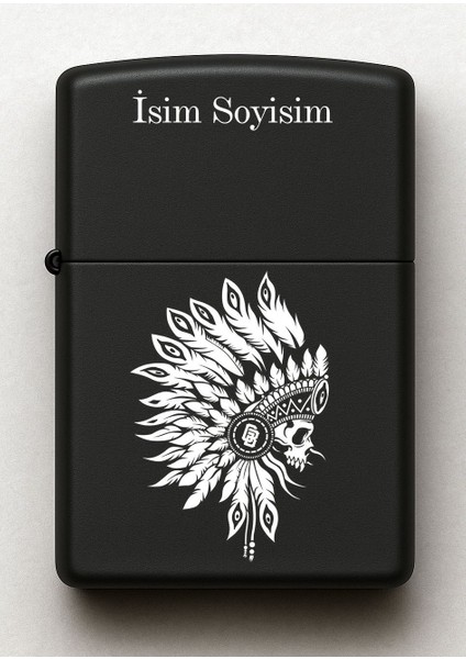 Kuru Kafa Desenli Kişiye Özel Isimli Siyah Benzinli Metal Çakmak 5