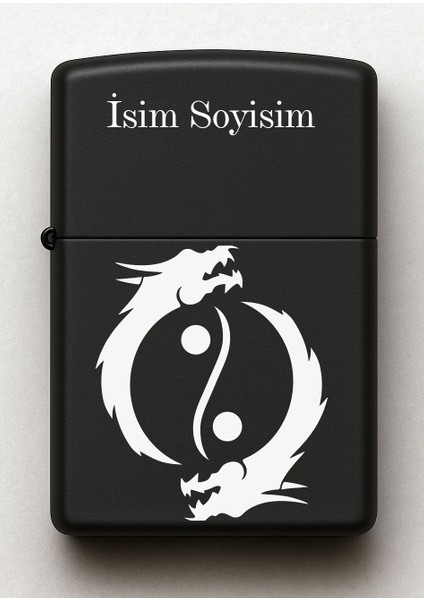 Ying Yang Ejderha Desenli Kişiye Özel Isimli Siyah Benzinli Metal Çakmak
