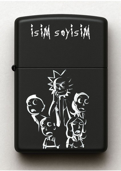 Rick And Morty Night Family Desenli Kişiye Özel Isimli Siyah Benzinli Metal Çakmak