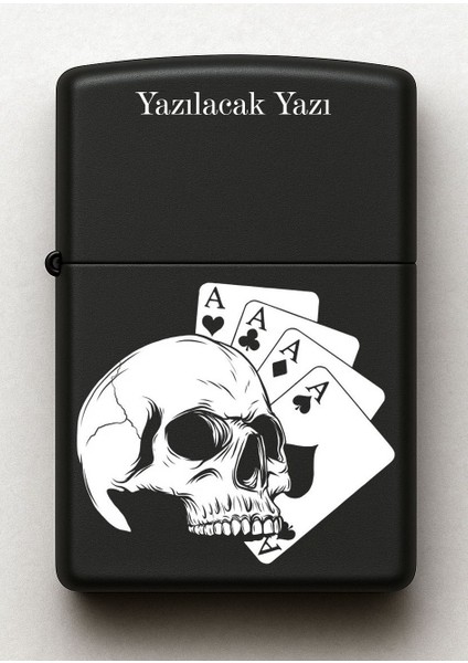 Kart ve Kurukafa Desenli Kişiye Özel Isimli Siyah Benzinli Metal Çakmak