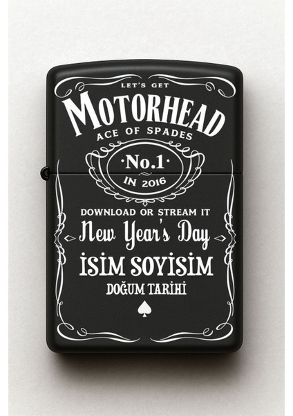 Motörhead Desenli Kişiye Özel Isimli Siyah Benzinli Metal Çakmak
