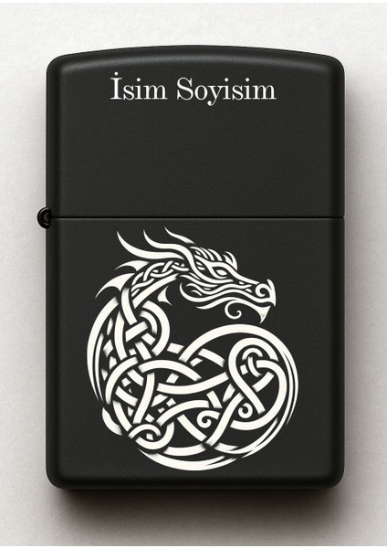 Ejderha Tribal Desenli Kişiye Özel Isimli Siyah Benzinli Metal Çakmak