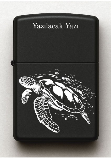 Kaplumbağa Caretta Desenli Kişiye Özel Isimli Siyah Benzinli Metal Çakmak