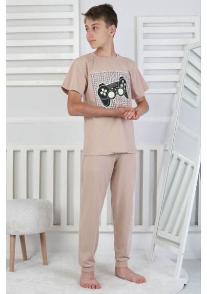 Isob Bej Atary Desenli %100 Pamuk Kısa Kollu Erkek Çocuk Pijama Takımı 8-13 Yaş 41517-BE
