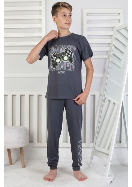 Isob Füme Atary Desenli %100 Pamuk Kısa Kollu Erkek Çocuk Pijama Takımı 8-13 Yaş 41517-F