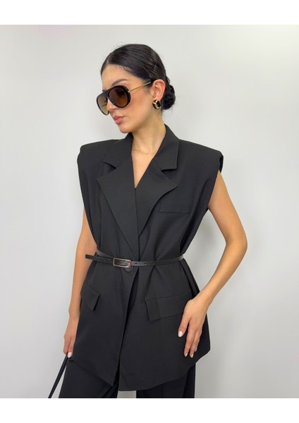 Siyah Vatkalı Kemerli Oversize Yelek