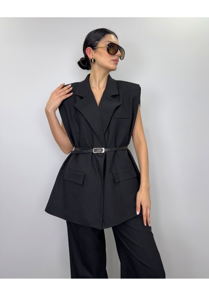 Siyah Vatkalı Kemerli Oversize Yelek