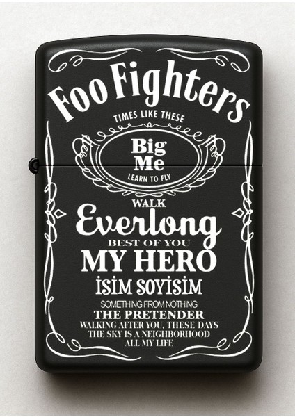 Foo Fighters Desenli Kişiye Özel Isimli Siyah Benzinli Metal Çakmak