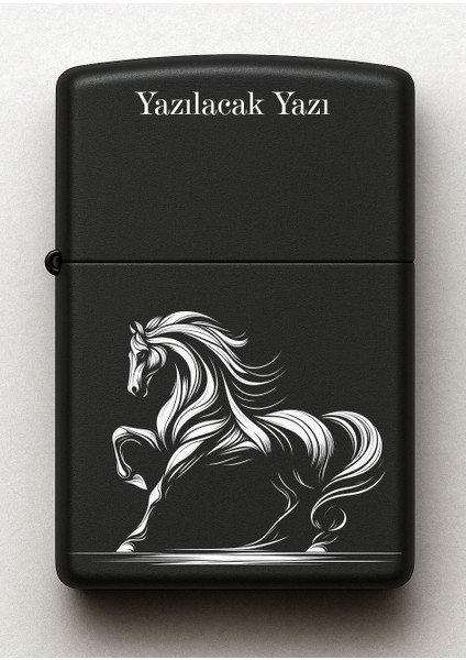 At Horse Desenli Kişiye Özel Isimli Siyah Benzinli Metal Çakmak 23