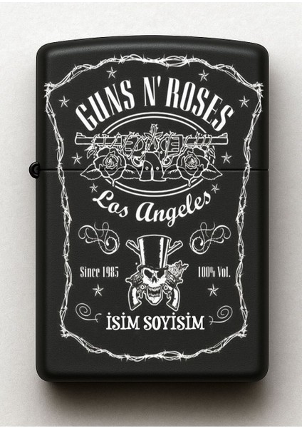 Guns N Roses Desenli Kişiye Özel Isimli Siyah Benzinli Metal Çakmak