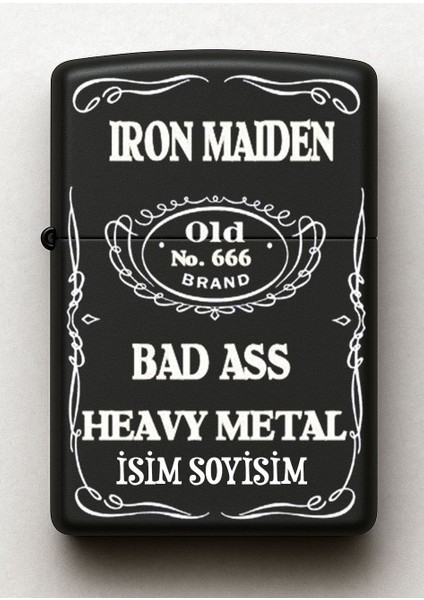 Iron Maiden Desenli Kişiye Özel Isimli Siyah Benzinli Metal Çakmak