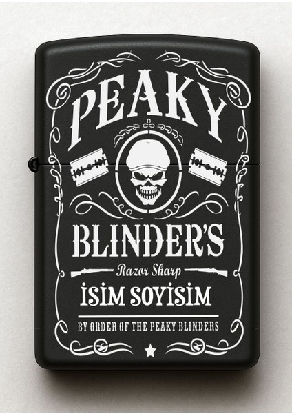 Peaky Blinders Desenli Kişiye Özel Isimli Siyah Benzinli Metal Çakmak
