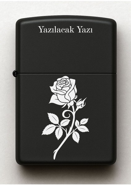 Gül Çiçek Desenli Kişiye Özel Isimli Siyah Benzinli Metal Çakmak