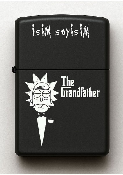 Rick The Grandfather Desenli Kişiye Özel Isimli Siyah Benzinli Metal Çakmak