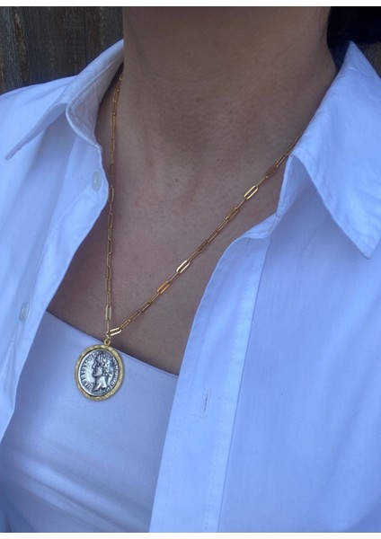 Antik Para Madalyon Çelik Gold Kolye