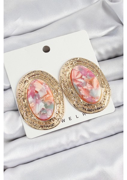 Pirinç Mermer Desenlli Pembe Sedef Oval Vintage Model Gold Renk Kadın Küpe