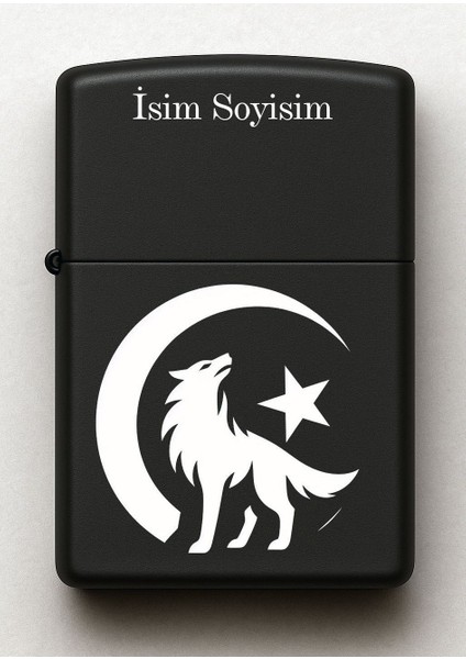 Kurt ve Ay Yıldız Desenli Kişiye Özel Isimli Siyah Benzinli Metal Çakmak