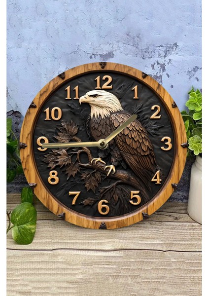 Ahşap Yuvarlak Duvar Saati, Kuvars Hareketli, 2d Kartal Deseni, SDW024