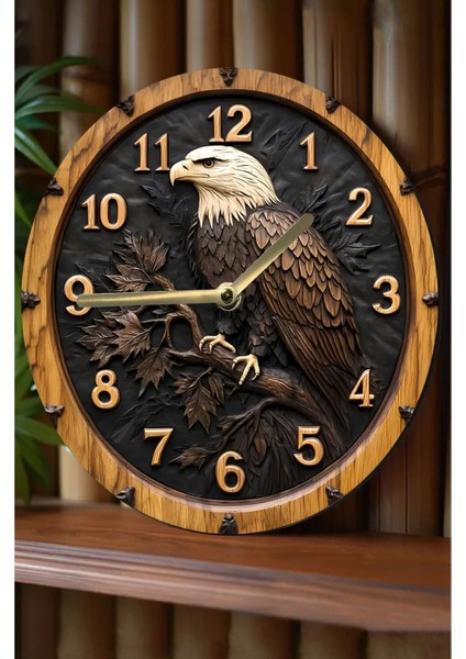 Ahşap Yuvarlak Duvar Saati, Kuvars Hareketli, 2d Kartal Deseni, SDW024 fırsatları
