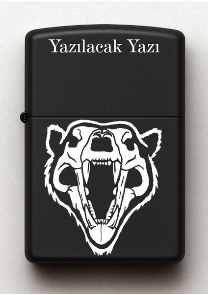 Ayı Iskeleti Desenli Kişiye Özel Isimli Siyah Benzinli Metal Çakmak