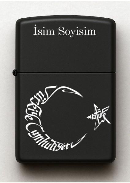 Tc Ay Yıldız Desenli Kişiye Özel Isimli Siyah Benzinli Metal Çakmak