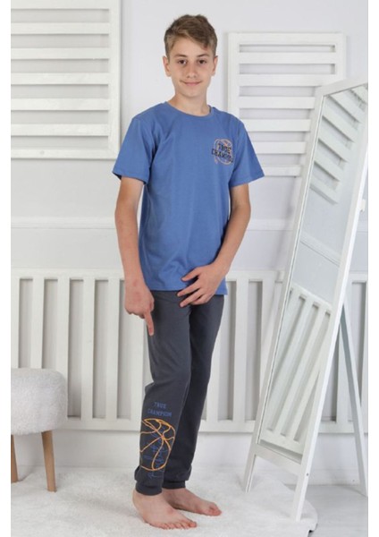 Isob Mavi Basketbol Topu Desenli %100 Pamuk Kısa Kollu Erkek Çocuk Pijama Takımı 8-13 Yaş 41516-M