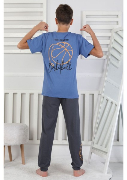Isob Mavi Basketbol Topu Desenli %100 Pamuk Kısa Kollu Erkek Çocuk Pijama Takımı 8-13 Yaş 41516-M fiyatları
