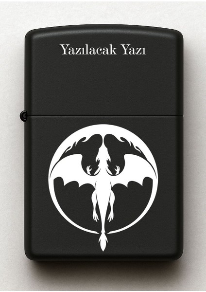 Ejderha Desenli Kişiye Özel Isimli Siyah Benzinli Metal Çakmak