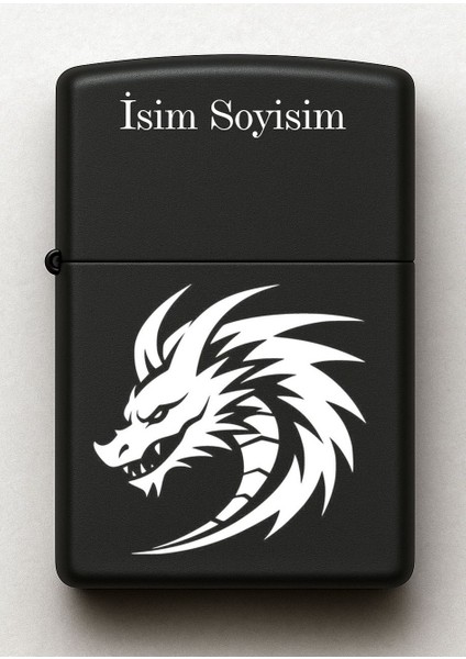 Ejderha Desenli Kişiye Özel Isimli Siyah Benzinli Metal Çakmak 2
