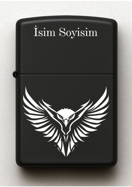 Kartal Sembolü Kişiye Özel Isimli Siyah Benzinli Metal Çakmak