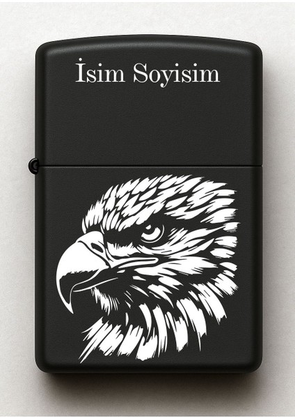 Kartal Desenli Kişiye Özel Isimli Siyah Benzinli Metal Çakmak