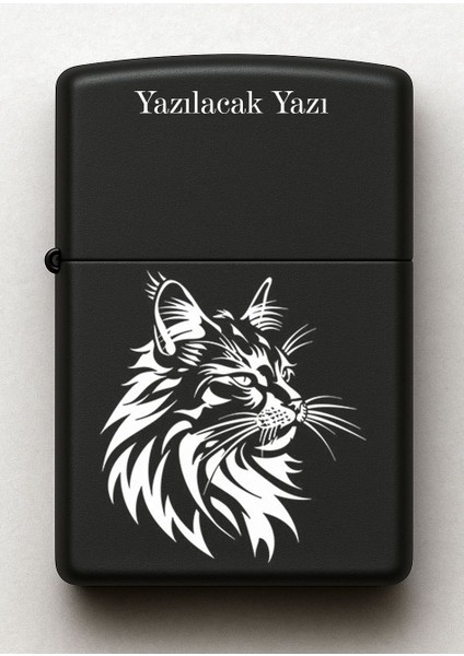 Kedi Desenli Kişiye Özel Isimli Siyah Benzinli Metal Çakmak 2