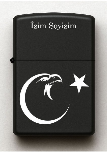 Kartal Ay Yıldız Desenli Kişiye Özel Isimli Siyah Benzinli Metal Çakmak