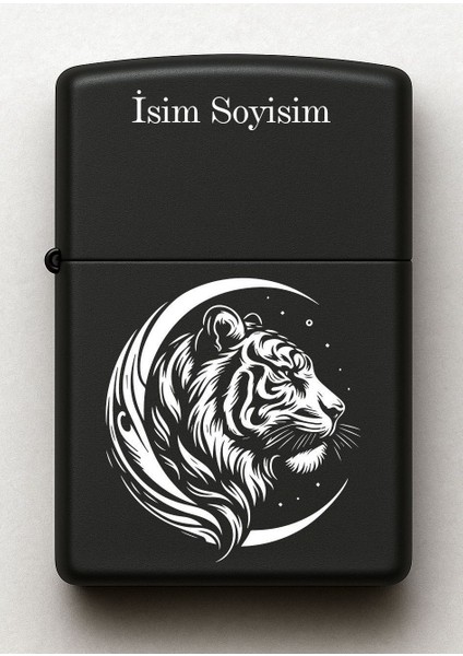 Kaplan Desenli Kişiye Özel Isimli Siyah Benzinli Metal Çakmak 15