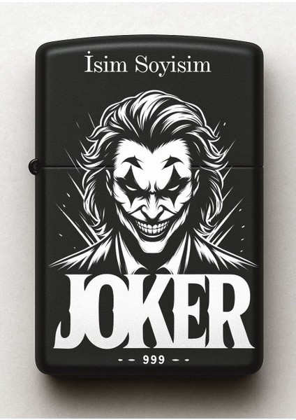 Joker Desenli Kişiye Özel Isimli Siyah Benzinli Metal Çakmak