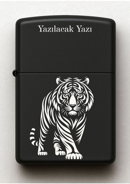 Kaplan Desenli Kişiye Özel Isimli Siyah Benzinli Metal Çakmak 13