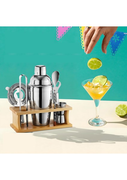 Shaker Kokteyl Set - 7 Parça 550 ml Shaker Coctail Set Bambu Standlı 721826