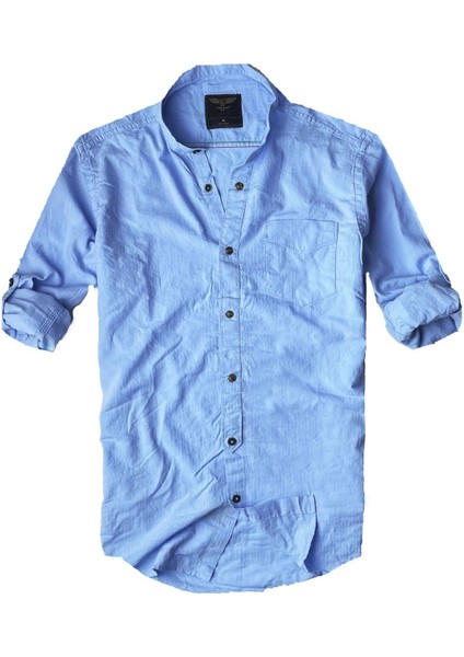 Slim Fit %100 Pamuk Kumaş Hakim Yaka Uzun Kol Gömlek--Açık Düz Mavi--