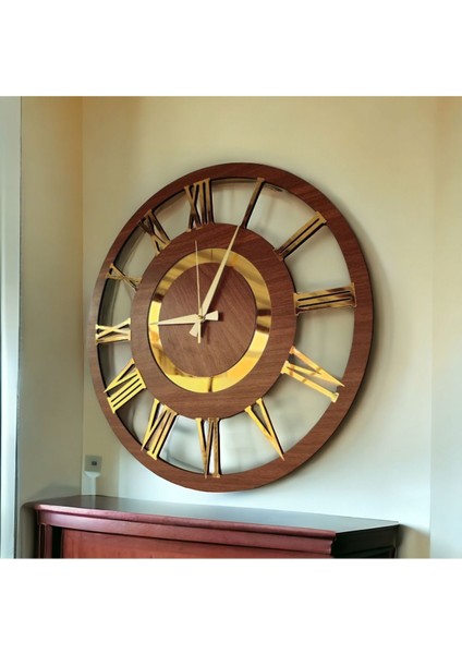 Siyah ve Ceviz Renkli Gold Detaylı Ahşap Duvar Saati, 50CM, Dekoratif ve Şık Tasarım