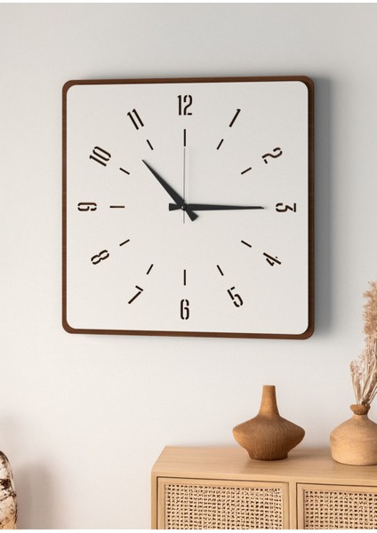 Şık Ahşap Duvar Saati, Ceviz ve Beyaz Mdf, 48CM Büyük Boy, Modern Tasarım