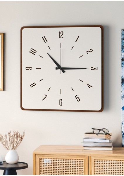 Şık Ahşap Duvar Saati, Ceviz ve Beyaz Mdf, 48CM Büyük Boy, Modern Tasarım