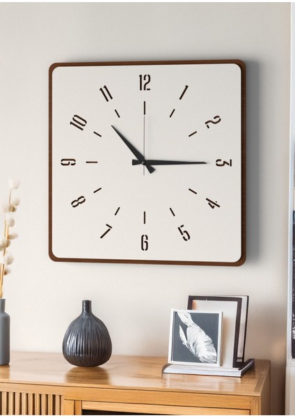 Şık Ahşap Duvar Saati, Ceviz ve Beyaz Mdf, 48CM Büyük Boy, Modern Tasarım