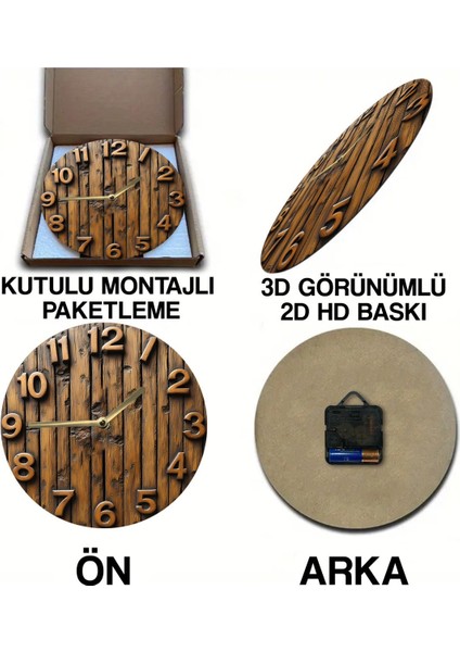 Yumuşak Tonlarda Yuvarlak Ahşap Duvar Saati, 3D Görünüm, Kuvars Hareketli, Şık Tasarım