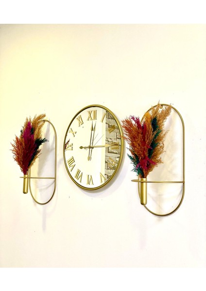 Şık 3'lü Aynalı Duvar Saati Seti, Dekoratif Çiçek Tasarımı