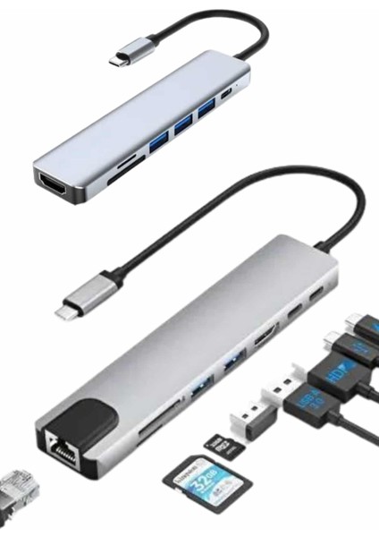 8 Port Çoklayıcı Macbook ile Uyumlu Çoğaltıcı Type-C Dönüştürücü Tf Sd Kart
