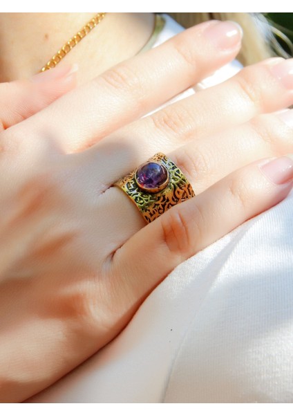 Doğal Taş Ametist Doğal Taşlı Ayarlanabilir Antik Kadın Yüzük EUY68AMT