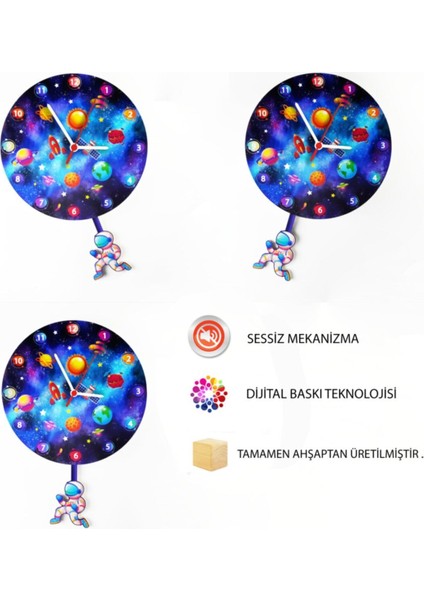 Lacivert Ahşap Uzay Temalı Sarkaçlı Saat, Modern ve Şık Tasarım
