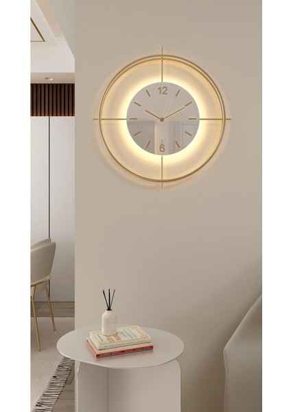 Büyük Boy Metal Duvar Saati, Gold-Beyaz Göbek, Pilli LED Sistem, 55X55 cm