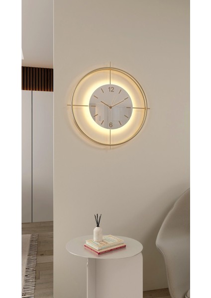Büyük Boy Metal Duvar Saati, Gold-Beyaz Göbek, Pilli LED Sistem, 55X55 cm
