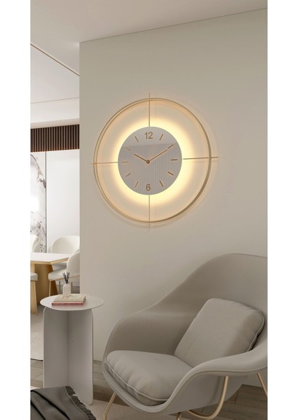 Büyük Boy Metal Duvar Saati, Gold-Beyaz Göbek, Pilli LED Sistem, 55X55 cm